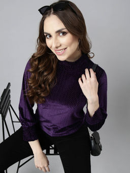 SHOWOFFFF - Womens High Neck Cuffed Sleeves Purple Top