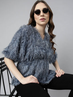 SHOWOFF - Womens Self Design V-Neck Kimono Sleeves Grey Boxy Top