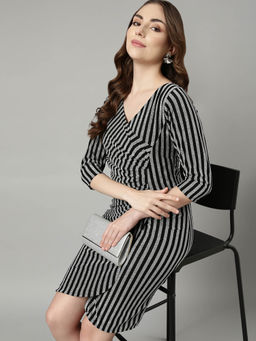 SHOWOFF - Womens Striped V-Neck Grey Wrap Knee Length Dress