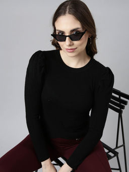 SHOWOFF - Womens Solid Round Neck Black Fitted Top