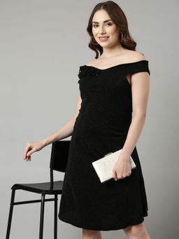 SHOWOFF - Womens Sleeveless Off-Shoulder Black A-Line Knee Length Dress