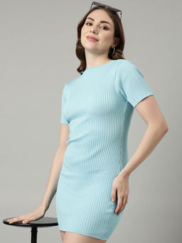 SHOWOFF - Womens Short Sleeves Bodycon Round Neck Solid Blue Mini Dress