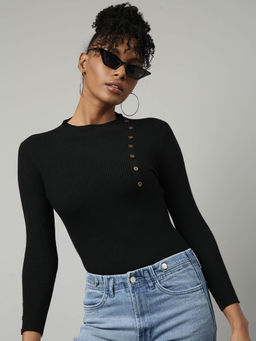 SHOWOFF - Womens Solid High Neck Black Fitted Top