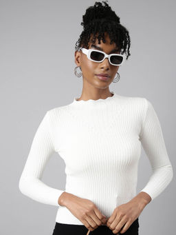 SHOWOFFFF - Womens Solid High Neck White Fitted Top
