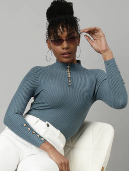 SHOWOFFFF - Womens High Neck Grey Fitted Top