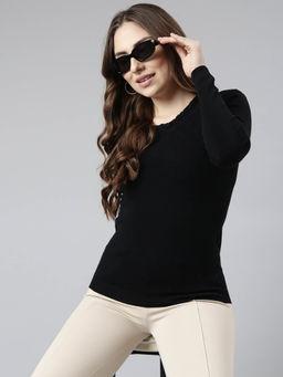 SHOWOFFFF - Womens Solid Round Neck Black Fitted Top
