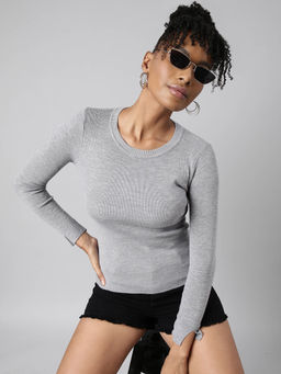 SHOWOFF - Womens Solid Round Neck Grey Fitted Top