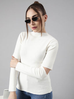 SHOWOFF - Womens Solid High Neck White Fitted Top