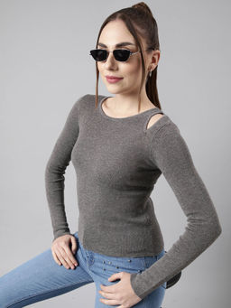SHOWOFF - Womens Solid Round Neck Grey Fitted Top