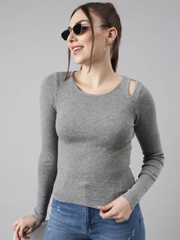 SHOWOFF - Womens Solid Round Neck Grey Fitted Top