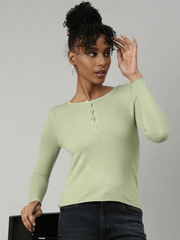 SHOWOFF - Womens Solid Round Neck Sea Green Fitted Top