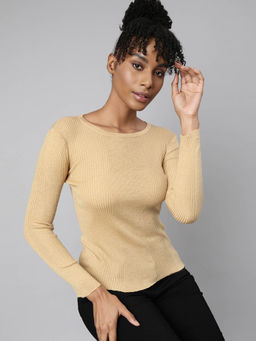 SHOWOFF - Womens Solid Round Neck Beige Fitted Top
