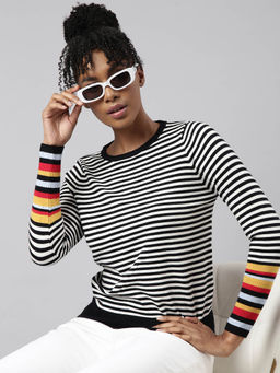 SHOWOFF - Womens Striped Round Neck Black Fitted Top