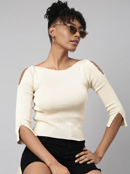 SHOWOFF - Womens Solid Boat Neck Cream Fitted Top