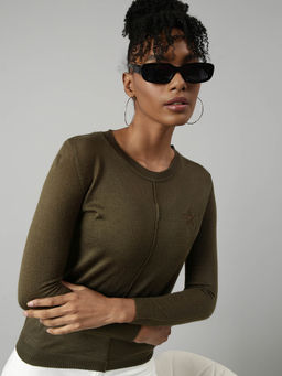 SHOWOFFFF - Womens Solid Round Neck Olive Boxy Top