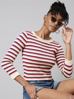 SHOWOFF - Womens Striped Round Neck Pink Multi Fitted Top