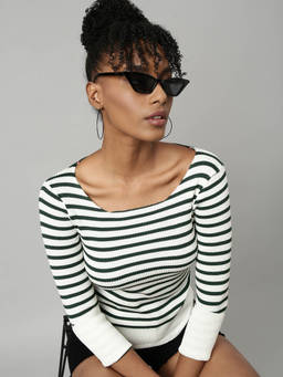 SHOWOFFFF - Womens Striped Round Neck White Fitted Top
