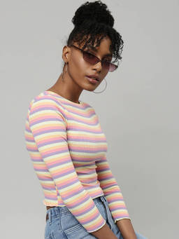 SHOWOFFFF - Womens Striped Boat Neck Multi Fitted Crop Top