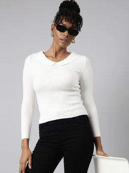 SHOWOFF - Womens Solid Shirt Collar White Fitted Top