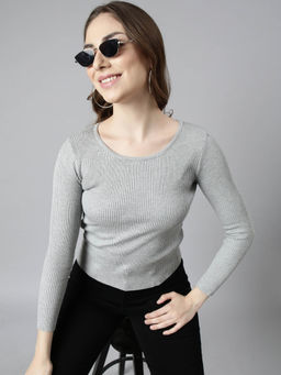 SHOWOFF - Womens Solid Round Neck Grey Fitted Top
