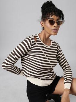 SHOWOFF - Womens Striped Round Neck Brown Fitted Top