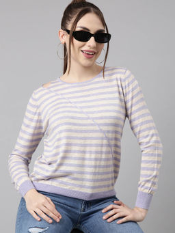 SHOWOFF - Womens Striped Round Neck Lavender Fitted Top
