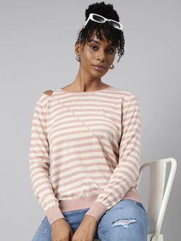 SHOWOFF - Womens Striped Round Neck Pink Fitted Top