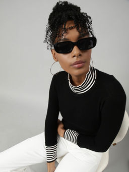 SHOWOFFFF - Womens Striped High Neck Black Fitted Top