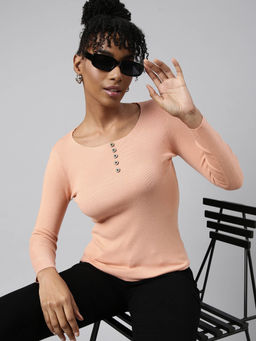SHOWOFF - Womens Solid Round Neck Pink Fitted Top