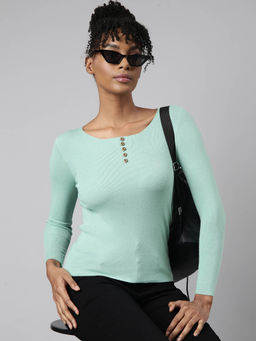 SHOWOFF - Womens Solid Round Neck Sea Green Fitted Top
