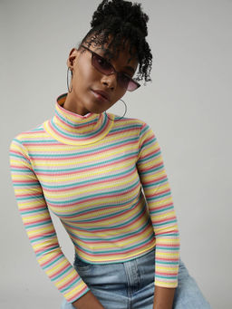 SHOWOFF - Womens Striped High Neck Yellow Fitted Crop Top