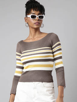 SHOWOFFFF - Womens Striped Boat Neck Olive Fitted Top