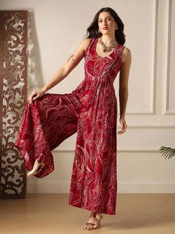 Globus - Women Maroon Ethnic Print Scoop Neck Lace Detail Flared Wide Leg Fusion Jumpsuit