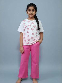 FUNKRAFTS - Girls White Premium Cotton Bow Printed T-Shirt & Pyjama