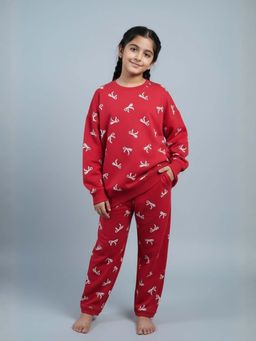 FUNKRAFTS - Girls Red Signature Looper Knit Cotton Bow Printed Sweatshirt & Joggers