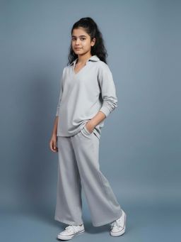 FUNKRAFTS - Girls Grey Premium Looper Knit Cotton Solid Collar T-shirt & Trackpant