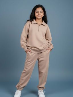 FUNKRAFTS - Girls Brown Premium Looper Knit Cotton Solid Sweatshirt & Joggers