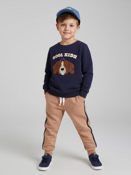 Polka Tots - Boys Navy Blue Cotton Full Sleeve Sweatshirt & Joggers