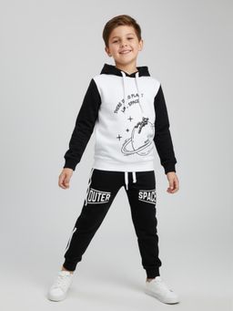 Polka Tots - Boys White Cotton Full Sleeve Hoodie & Joggers