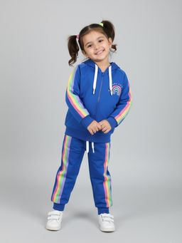 Polka Tots - Girls Indigo Blue Cotton Full Sleeve Hoodie & Joggers