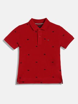 Tommy Hilfiger - Boys Red Printed Regular Fit Cotton Polo T-Shirt