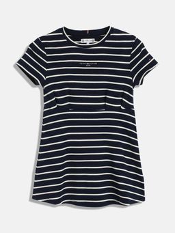 Tommy Hilfiger - Girls Navy Blue Striped Regular Fit Cotton Dress