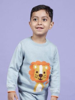 Kids of Greendeer - Delighted Lion Jacquard Blue Cotton Sweater