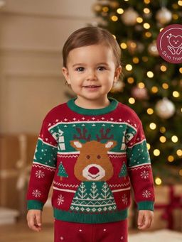 Kids of Greendeer - Christmas Theme Jacquard Cotton Red Rudolf Sweater