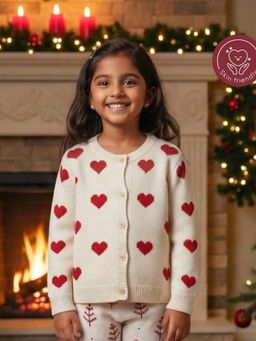 Kids of Greendeer - Girls Jacquard Cotton Off White Love Cardigan