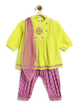 TIBER TABER - Girls Girl Green Lotus Embroidery Kurti & Salwar with Dupatta