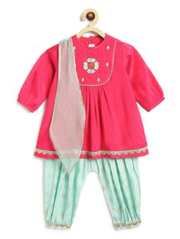 TIBER TABER - Girls Girl Lotus Pink Embroidery Kurti Salwar & Dupatta