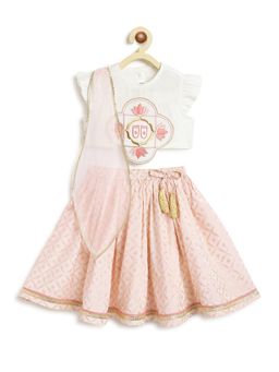 TIBER TABER - Girls Lotus White Embroidery Lehenga Choli & Dupatta