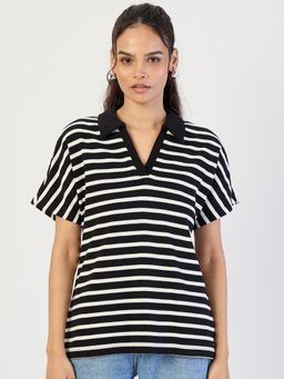 Femmella - Black Striped Polo Knit T-Shirt