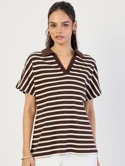 Femmella - Brown Striped Polo Knit T-Shirt